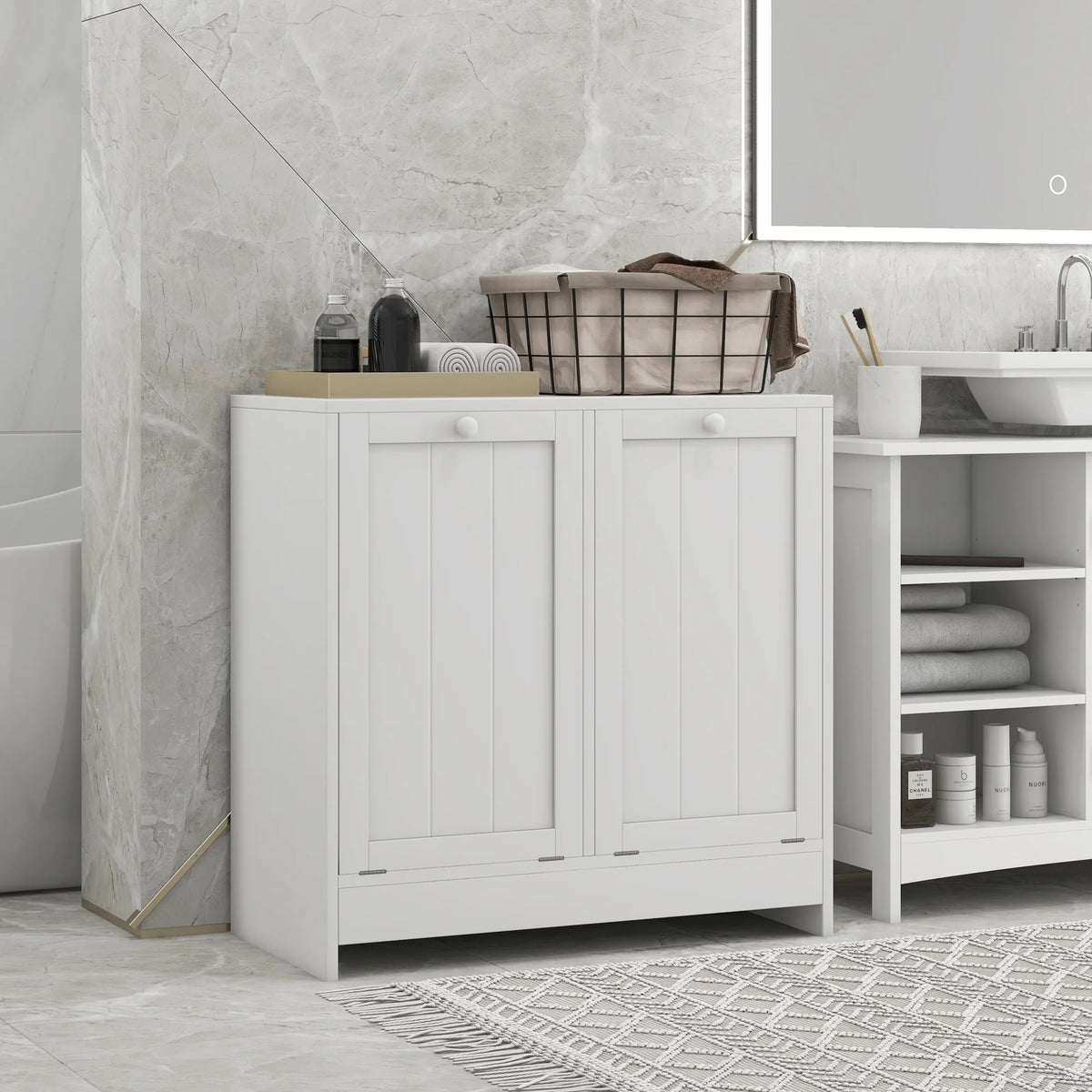 White Tilt-out Laundry Storage Cabinet with 2 Hamper Compartments J440