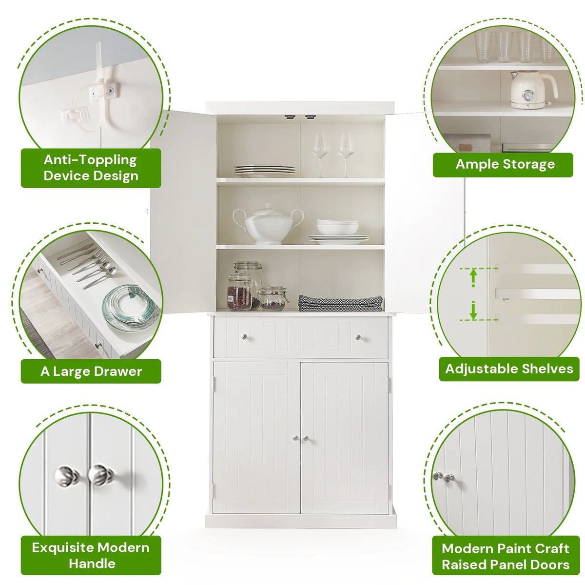 White Tall Freestanding Kitchen Pantry Cabinet with Doors and Adjustable Shelves J4418