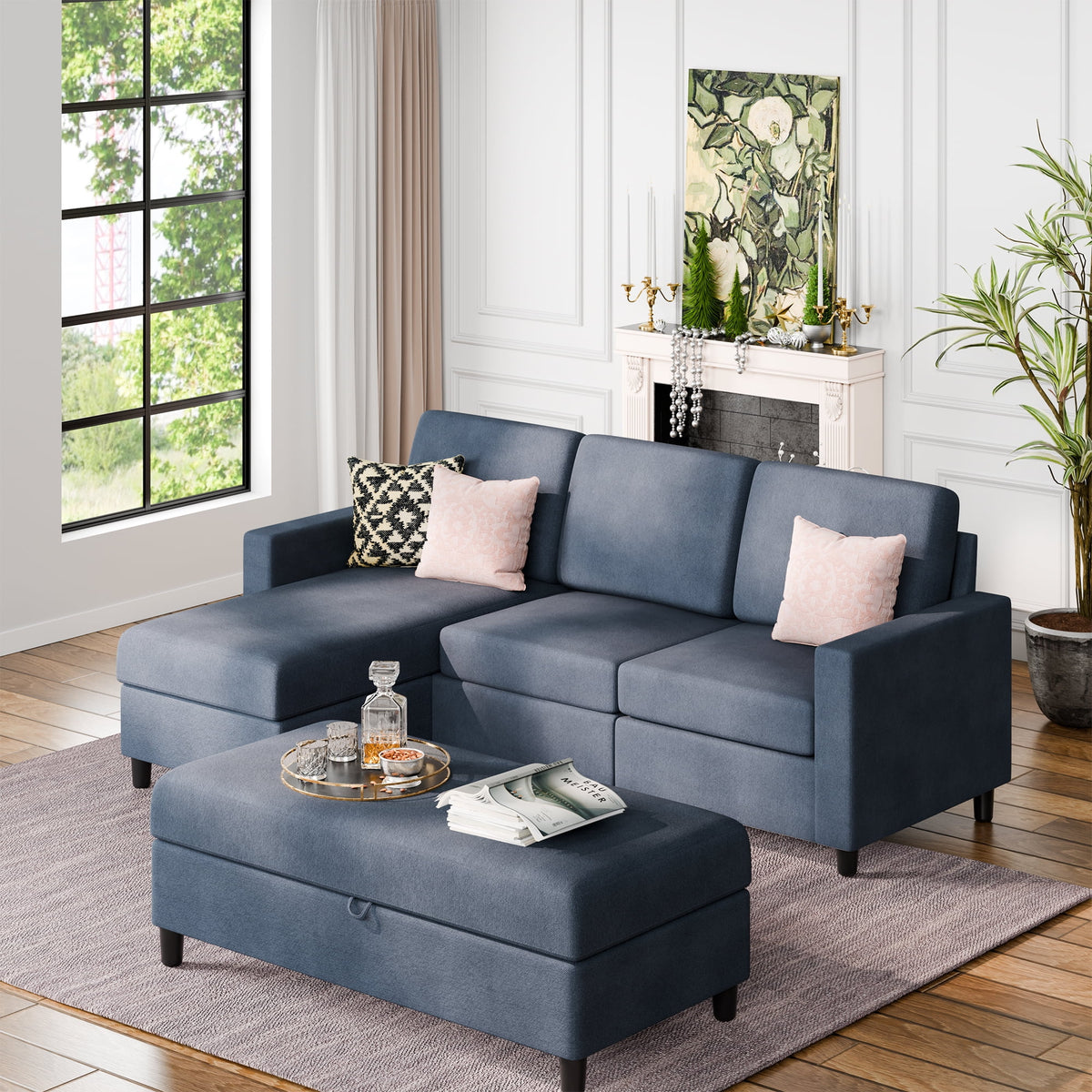 L Shaped 4 Seat Sectional Sofa with Storage Ottoman S37318