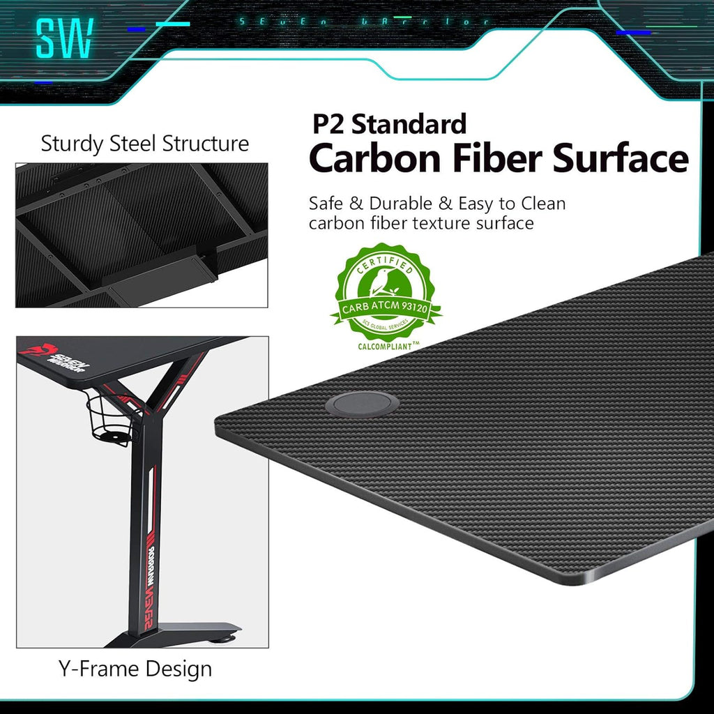 Gaming Desk 55INCH with Power Outlet & Dual Monitor Mount, Carbon Fiber Surface T7278
