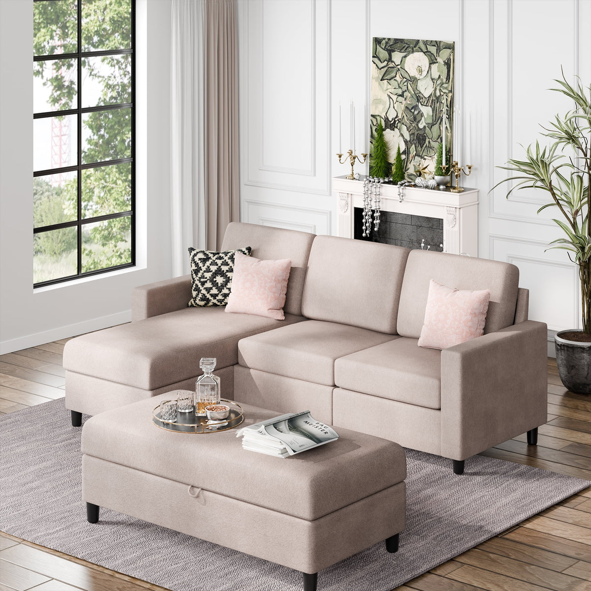 L Shaped 4 Seat Sectional Sofa with Storage Ottoman S37318