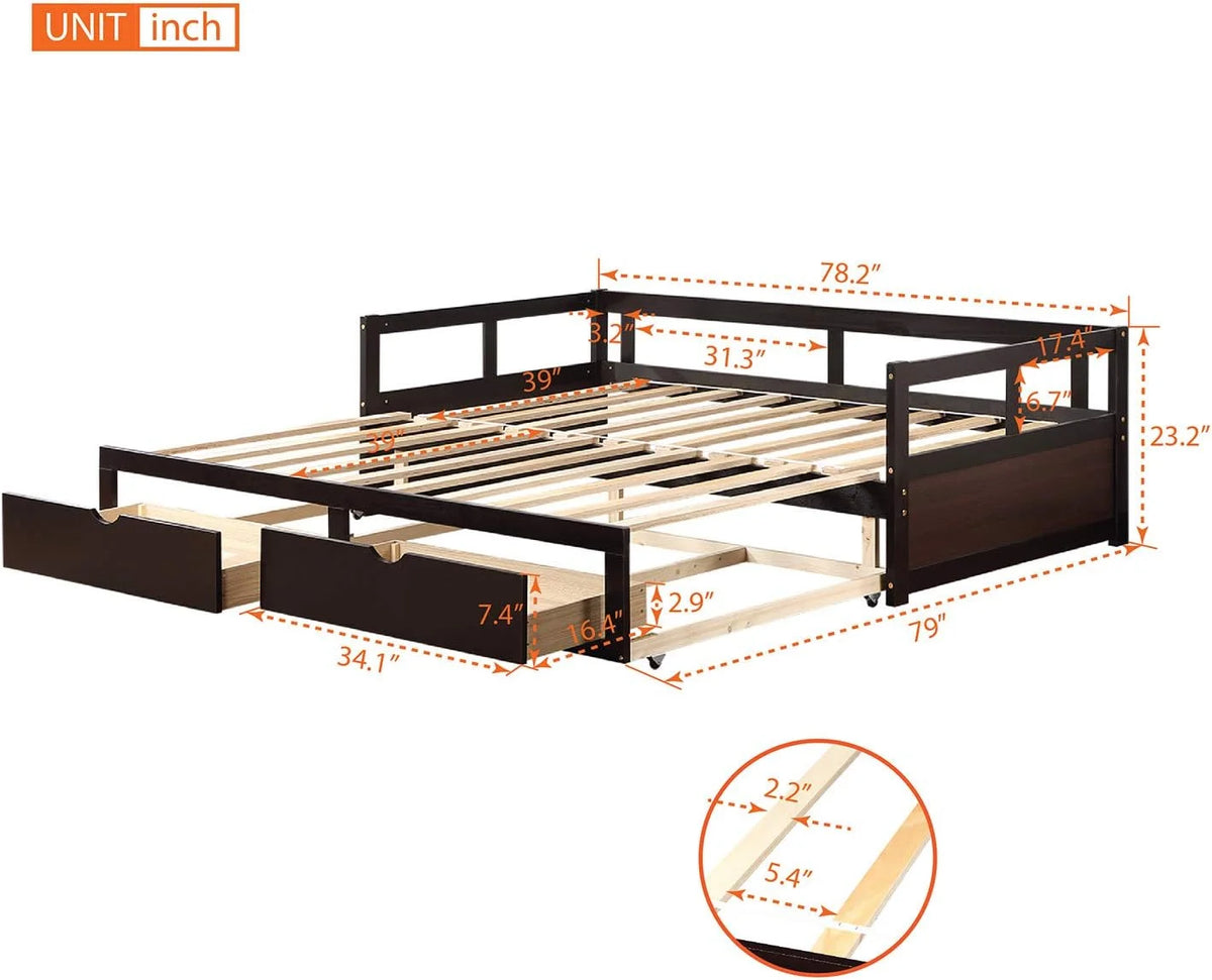 Wooden Extendable Daybed with Trundle and 2 Storage Drawers G830