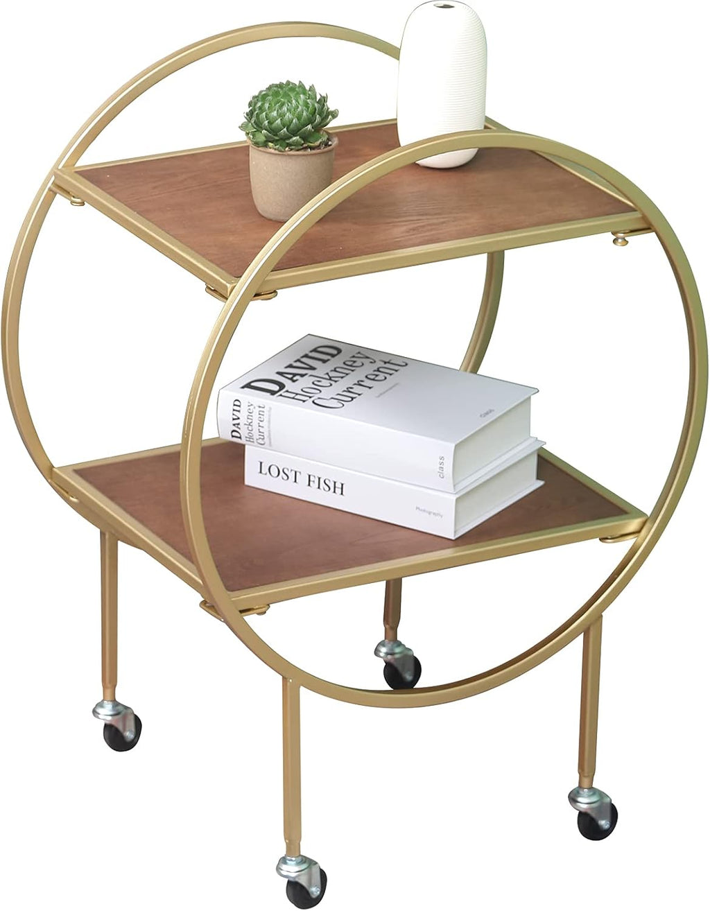 2-Tier Round Side Table with Wheels Metal Frame Removable Nightstand Utility Rolling Cart N84898
