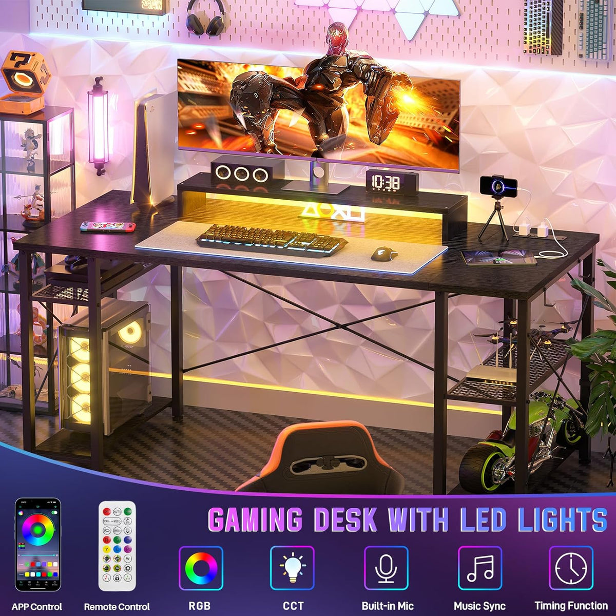 Black 55 Inch Gaming Desk with LED Lights and Power Outlet L2421