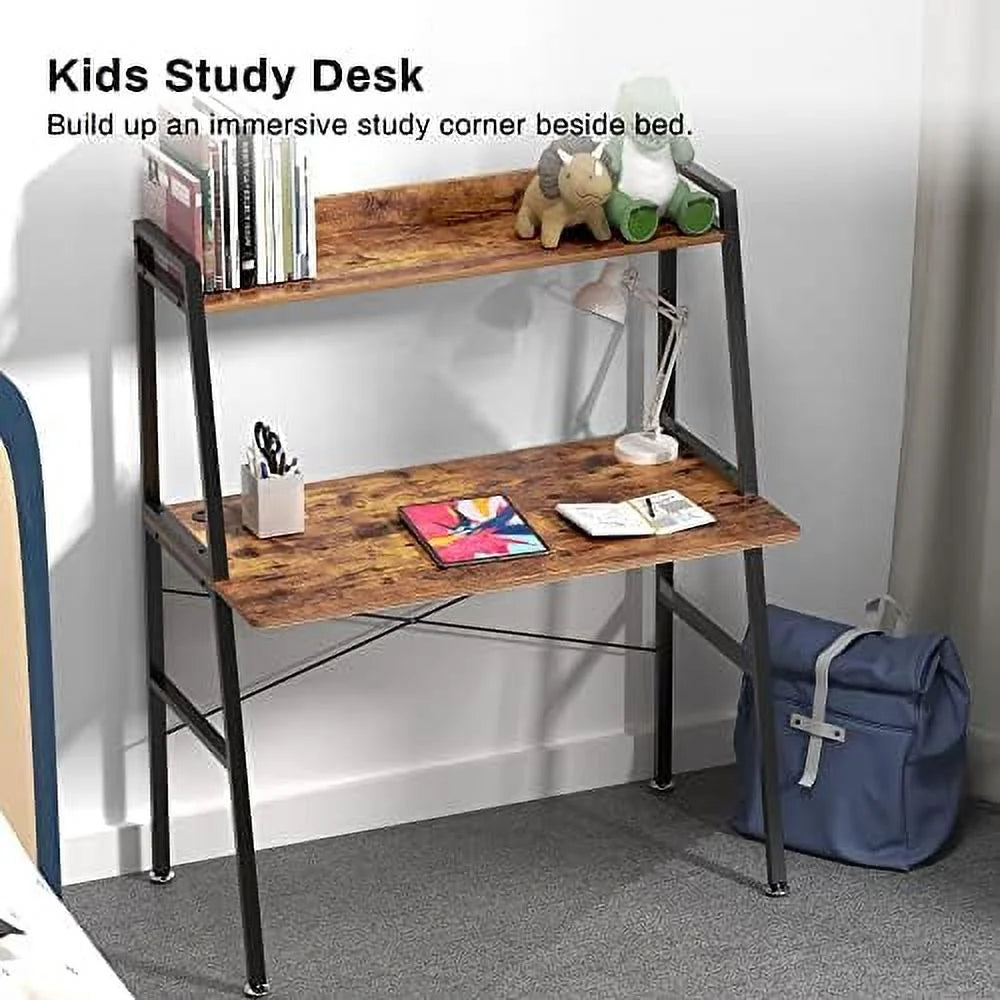 Rustic Brown 43 Inch 2-Tier Computer Desk with Shelves Metal Frame I444