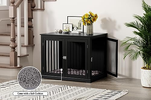 Large Wooden Dog Crate with Cushion and Flip Top, Black O60871