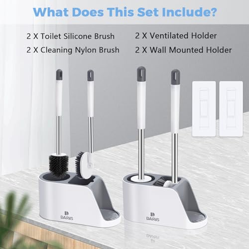 2-Way Toilet Brush with Ventilated Holder Silicone and Bristle Brushes with Aluminum Handle E92210