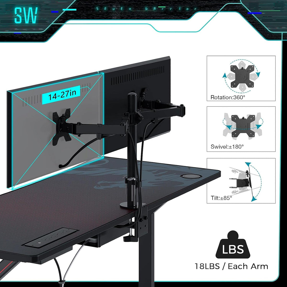 Gaming Desk 55INCH with Power Outlet & Dual Monitor Mount, Carbon Fiber Surface T7278
