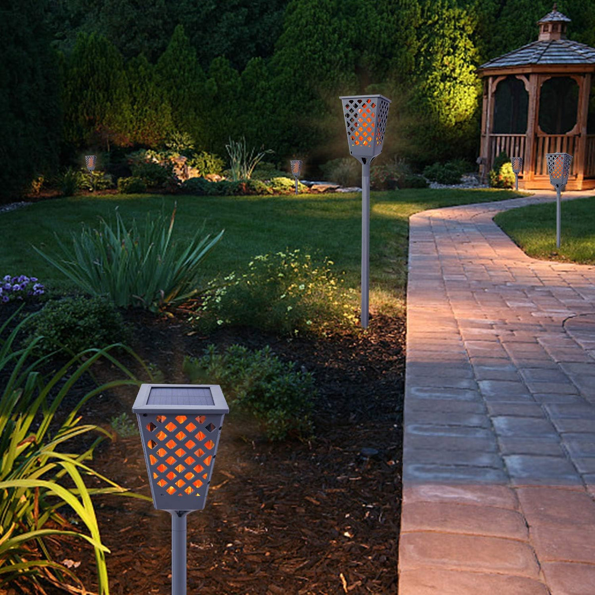 Solar Torch Lights with Flickering Flame, 96 LED Waterproof Grey Y36578