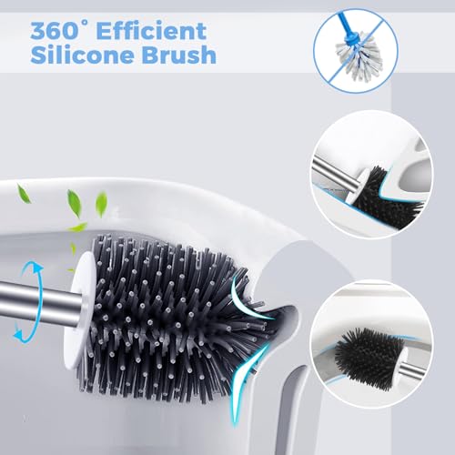 2-Way Toilet Brush with Ventilated Holder Silicone and Bristle Brushes with Aluminum Handle E92210