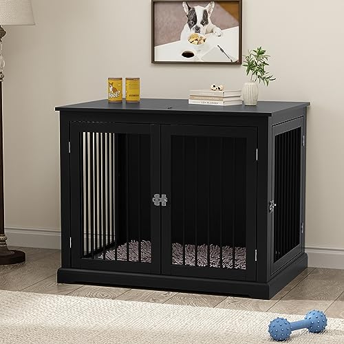 Large Wooden Dog Crate with Cushion and Flip Top, Black O60871