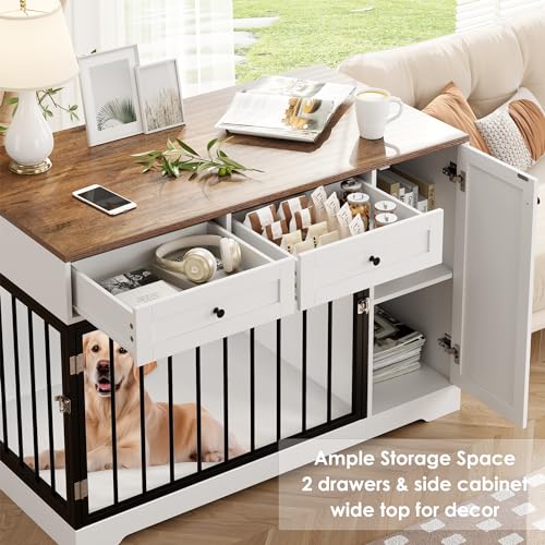 White Wooden Dog Crate with Double Doors and 2 Drawers Q475