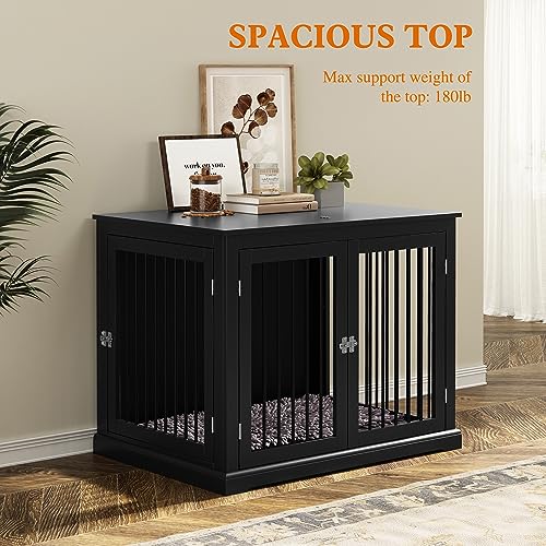 Large Wooden Dog Crate with Cushion and Flip Top, Black O60871