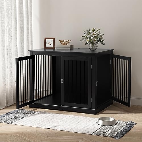 Large Wooden Dog Crate with Cushion and Flip Top, Black O60871