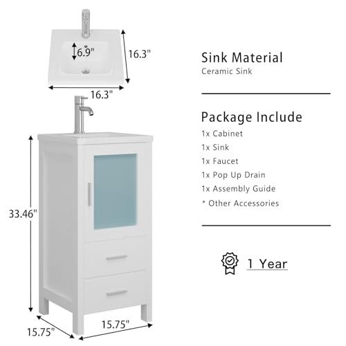 16" Single Sink Bathroom Vanity with Faucet and Drain (White) J112319
