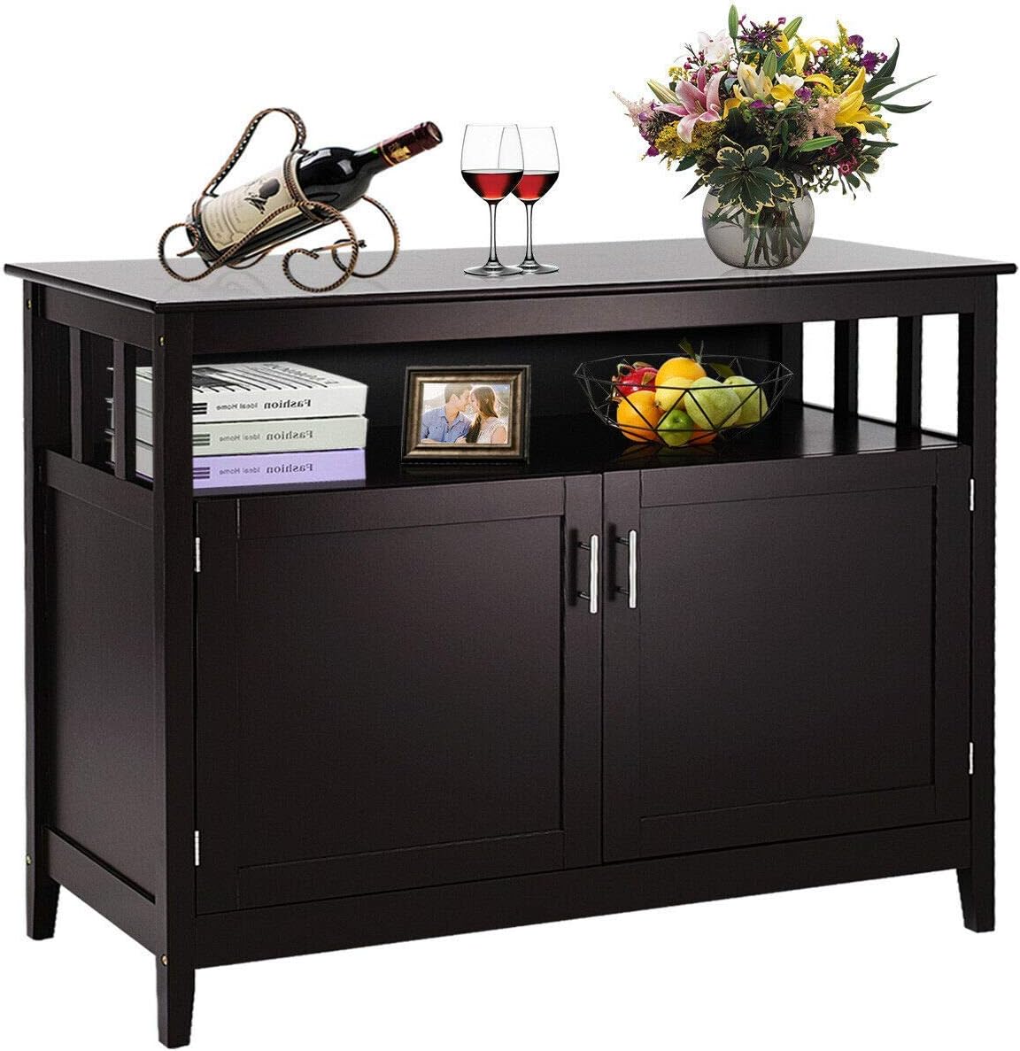 Espresso Kitchen Storage Sideboard Buffet Cabinet with Open Shelf H47172