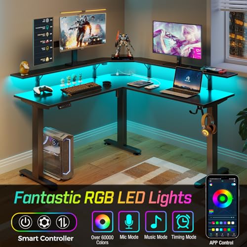 Black Electric Height Adjustable L Shaped Desk with LED Light and Power Outlet D253757