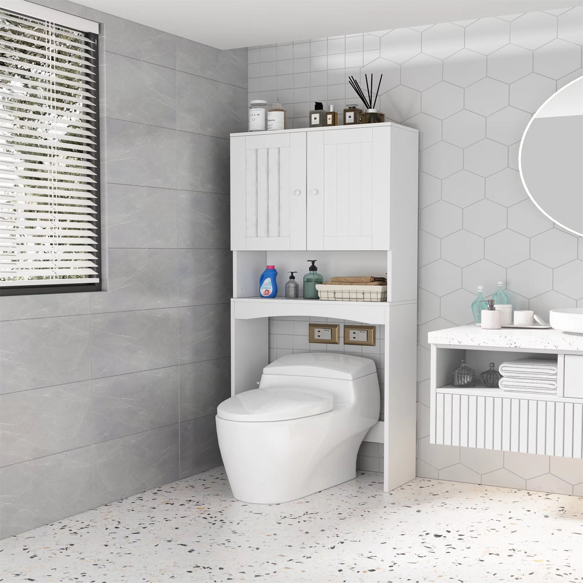 White Bathroom Shelf Over The Toilet Cabinet Organizer M2311
