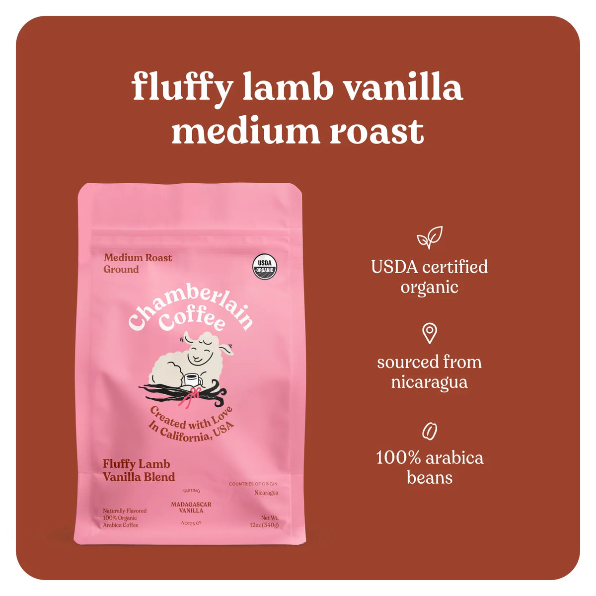 Fluffy Lamb Vanilla Medium Roast Grounds, 12 oz I26695