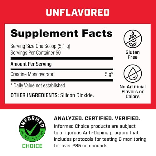 Creatine Monohydrate Powder, 5g Creatine Per Serving, 50 Servings H6538