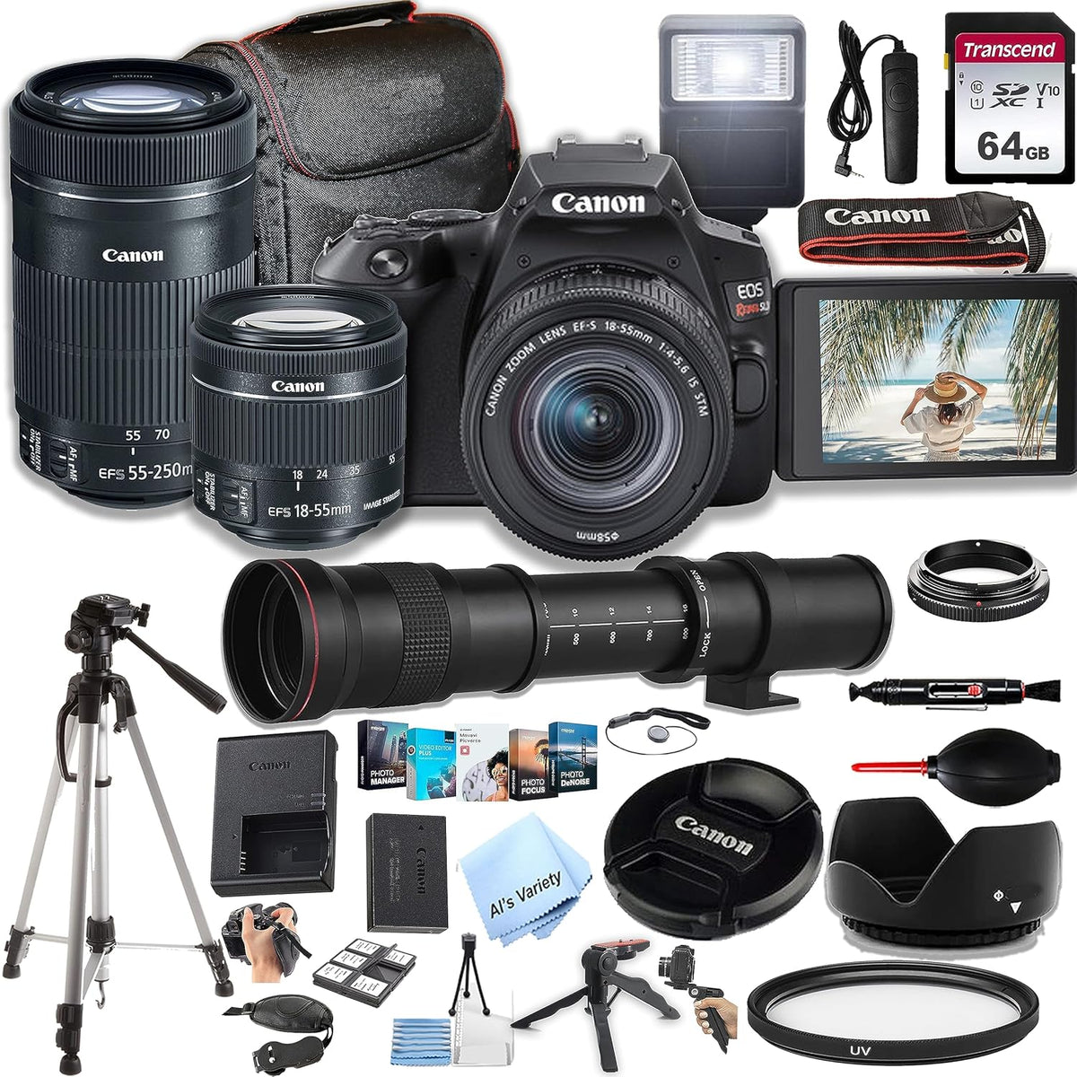 DSLR Camera with 18-55mm and 55-250mm and 420-800mm Lenses 64GB Memory Case Tripod Flash Remote 38pc Bundle E23049
