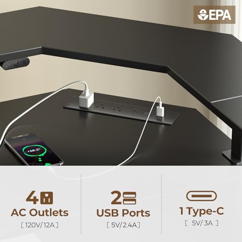 Black Electric Height Adjustable L Shaped Desk with LED Light and Power Outlet D253757