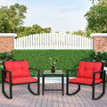 3 Pieces Wicker Rocking Bistro Conversation Set Chairs Outdoor with Cushions and Glass Coffee Table N1835
