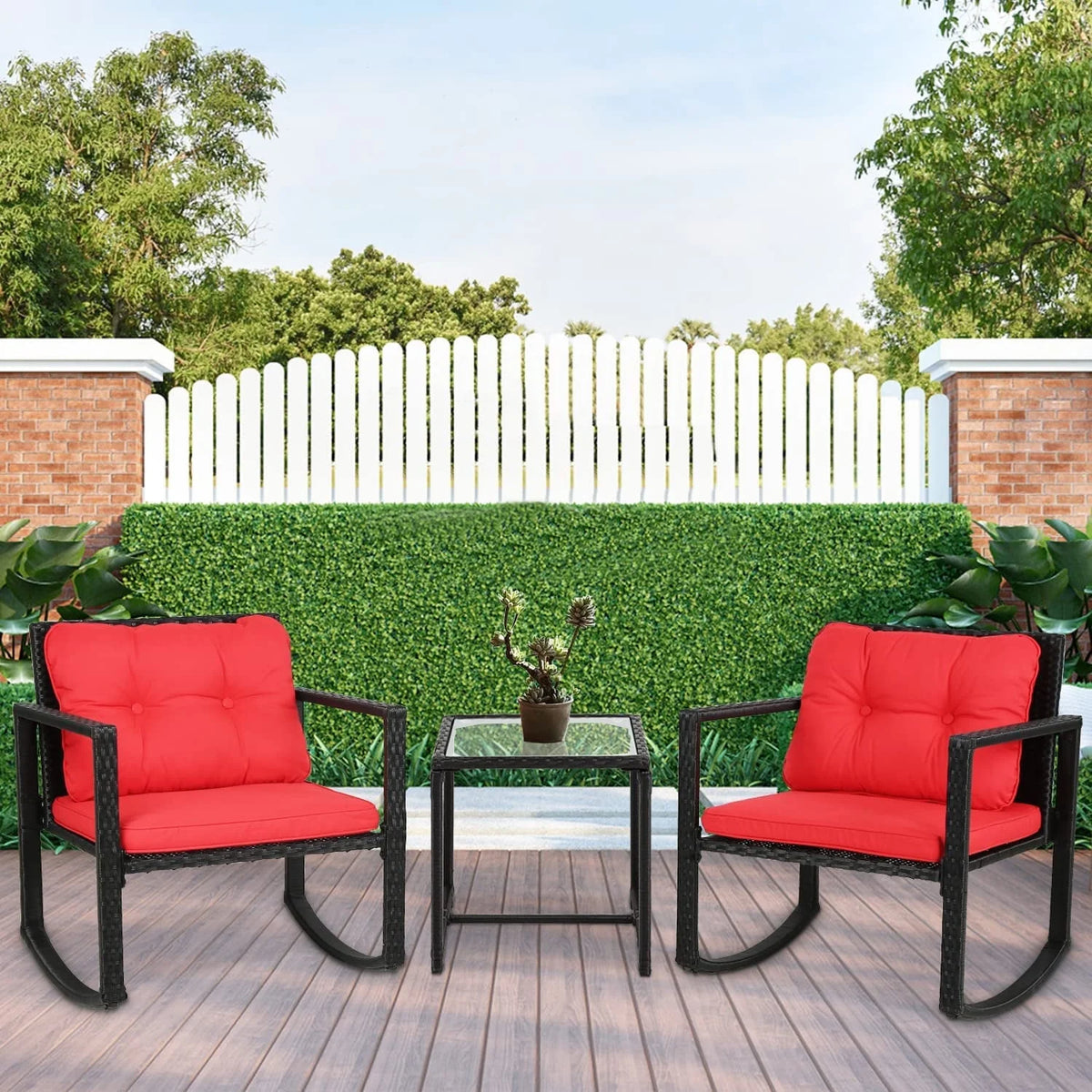 3 Pieces Wicker Rocking Bistro Conversation Set Chairs Outdoor with Cushions and Glass Coffee Table N1835