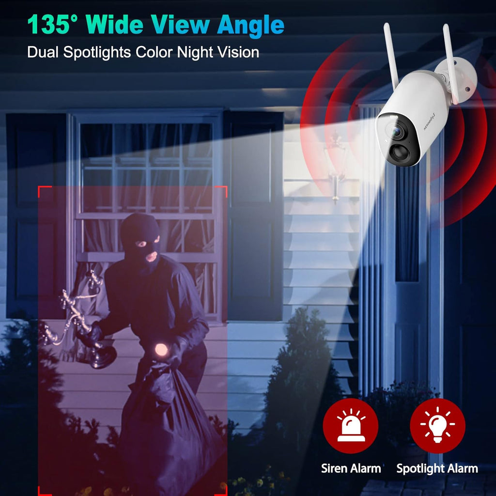 Wireless Outdoor Security Cameras with Spotlights Siren Color Night Vision IP66 Waterproof Rechargeable Battery Y451