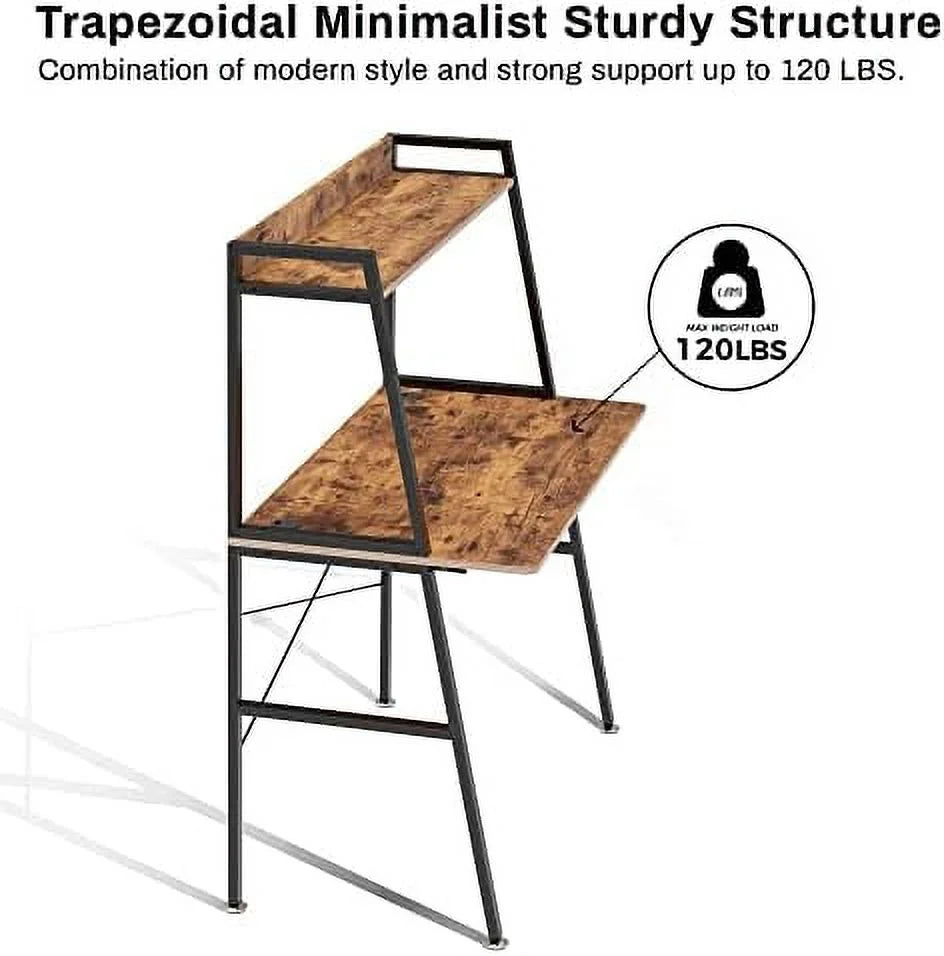 Rustic Brown 43 Inch 2-Tier Computer Desk with Shelves Metal Frame I444