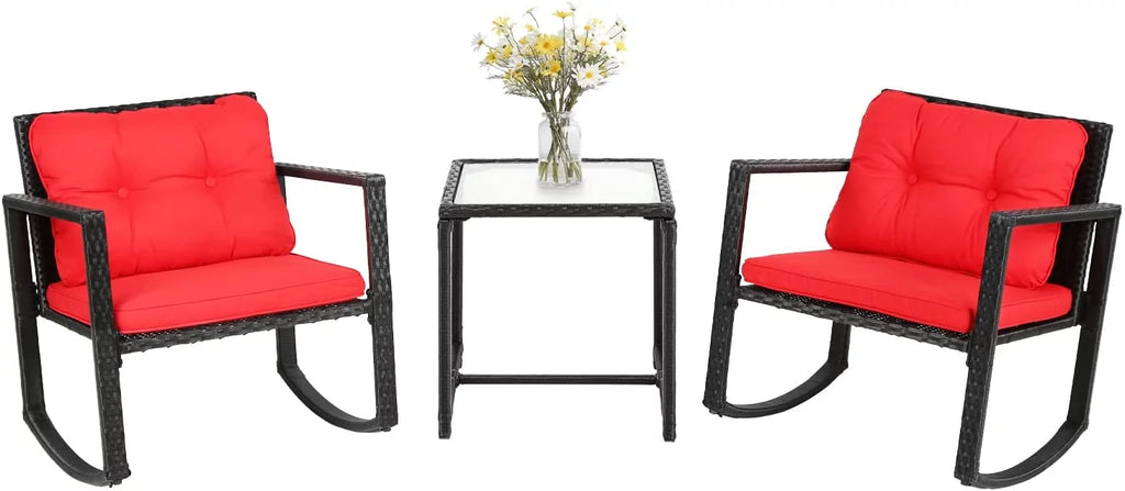 3 Pieces Wicker Rocking Bistro Conversation Set Chairs Outdoor with Cushions and Glass Coffee Table N1835