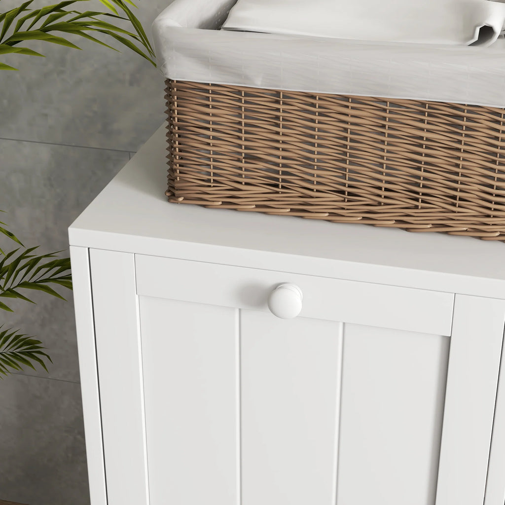 White Tilt-out Laundry Storage Cabinet with 2 Hamper Compartments J440