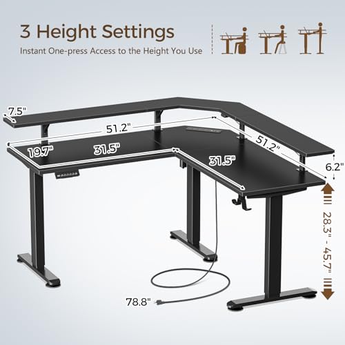 Black Electric Height Adjustable L Shaped Desk with LED Light and Power Outlet D253757