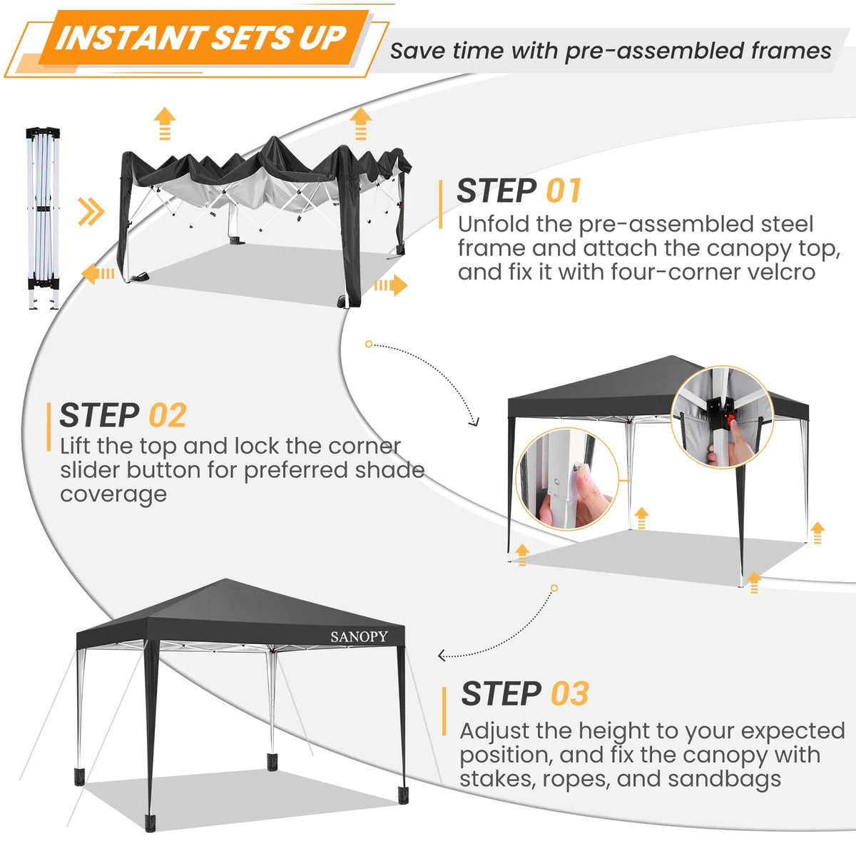 10'x10' Pop Up Canopy Tent with Sandbag & Carrying Bag, Khaki R980627