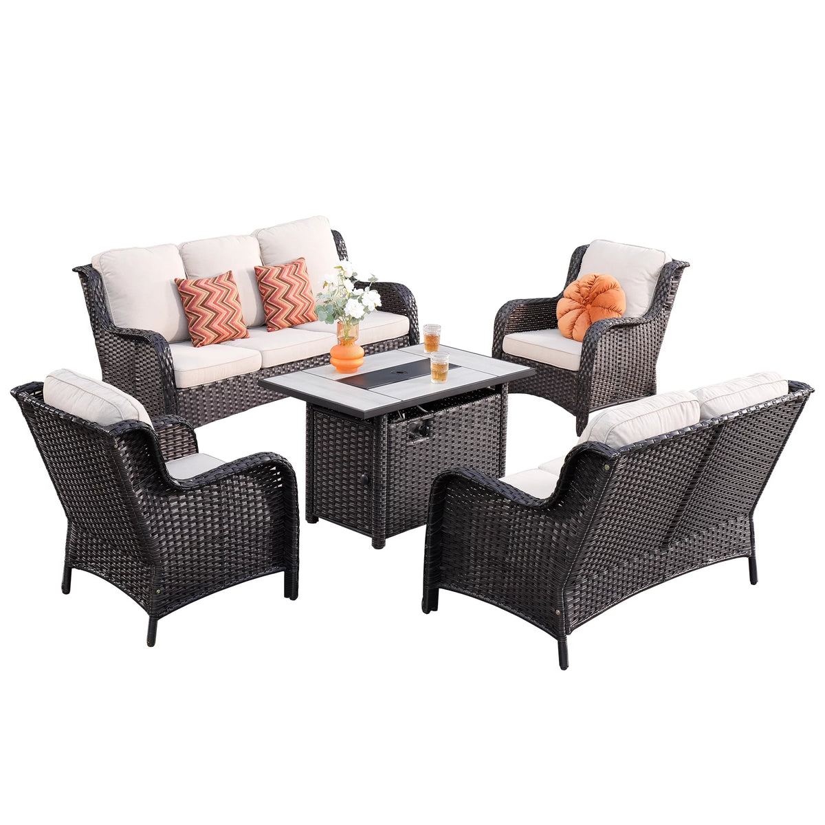 5 Pieces Wicker Patio Sectional Sofa with Fire Pit Table I57650