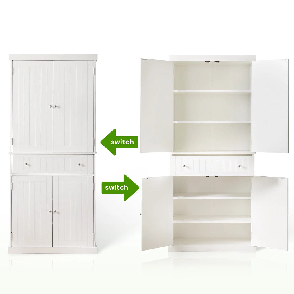 White Tall Freestanding Kitchen Pantry Cabinet with Doors and Adjustable Shelves J4418