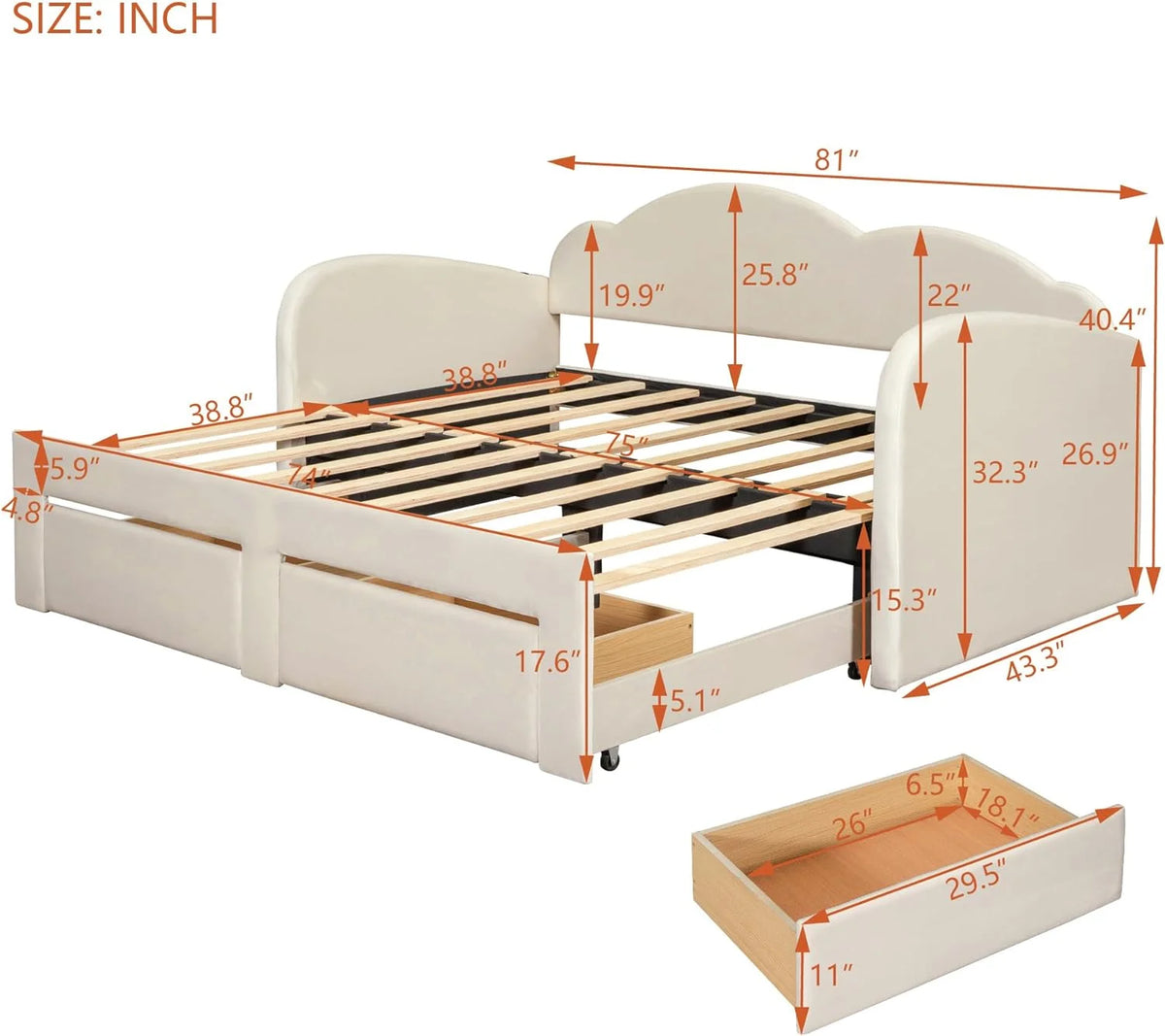 Beige Upholstered Daybed with Storage Drawers and Trundle Z1316