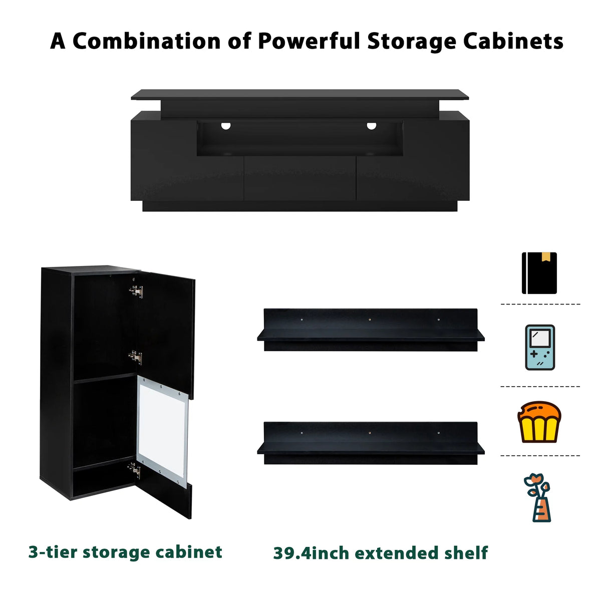 Black High Gloss Wall Mounted Floating TV Stand Set S190817