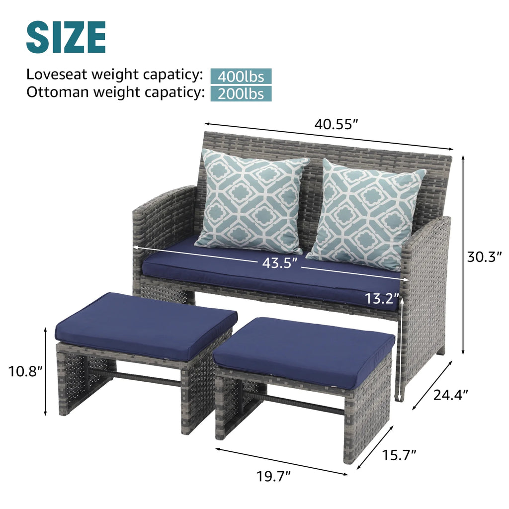 Grey Wicker Outdoor Loveseat with Ottoman and Pillows R6484