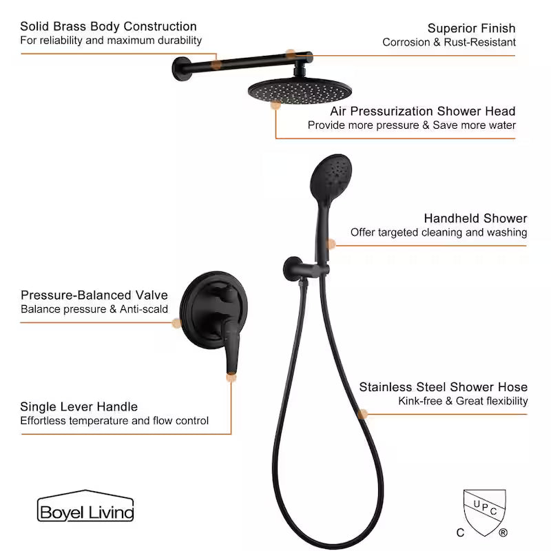 Wall Mount Dual Shower Heads with Pressure Balance Valve in Matte Black P935