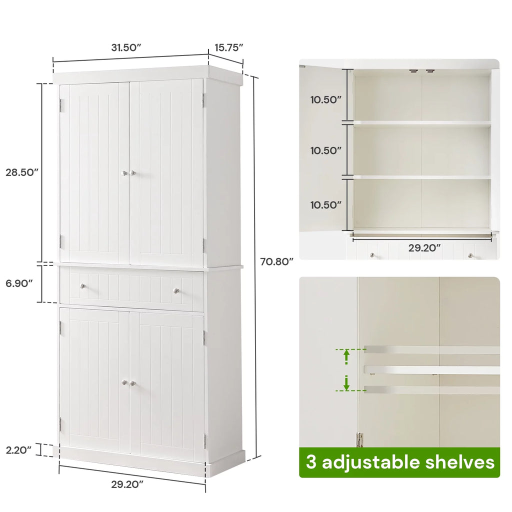 White Tall Freestanding Kitchen Pantry Cabinet with Doors and Adjustable Shelves J4418
