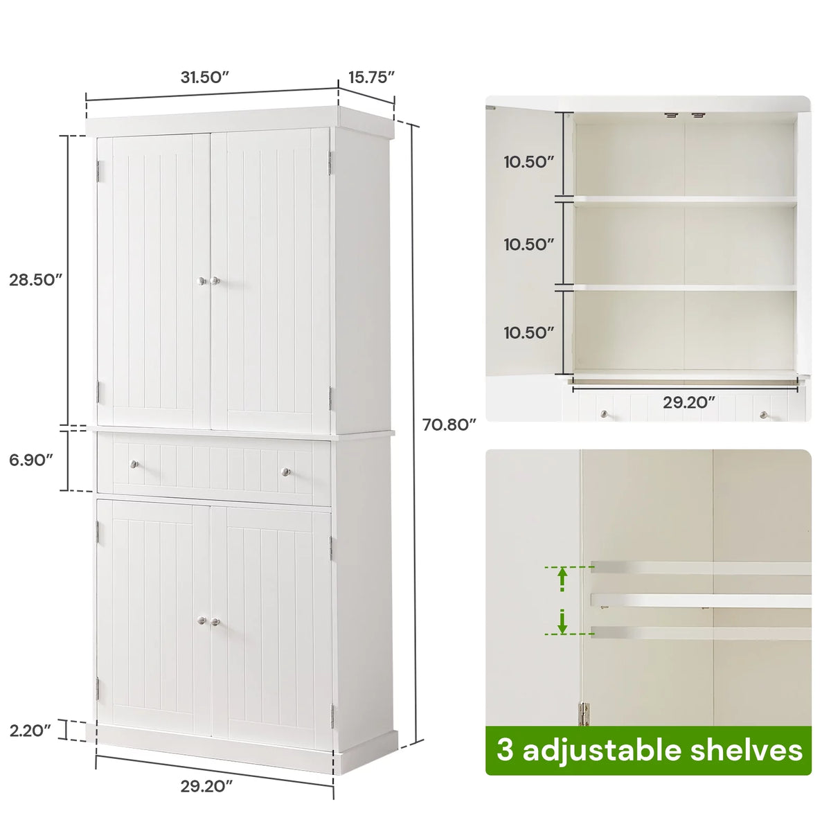 White Tall Freestanding Kitchen Pantry Cabinet with Doors and Adjustable Shelves J4418
