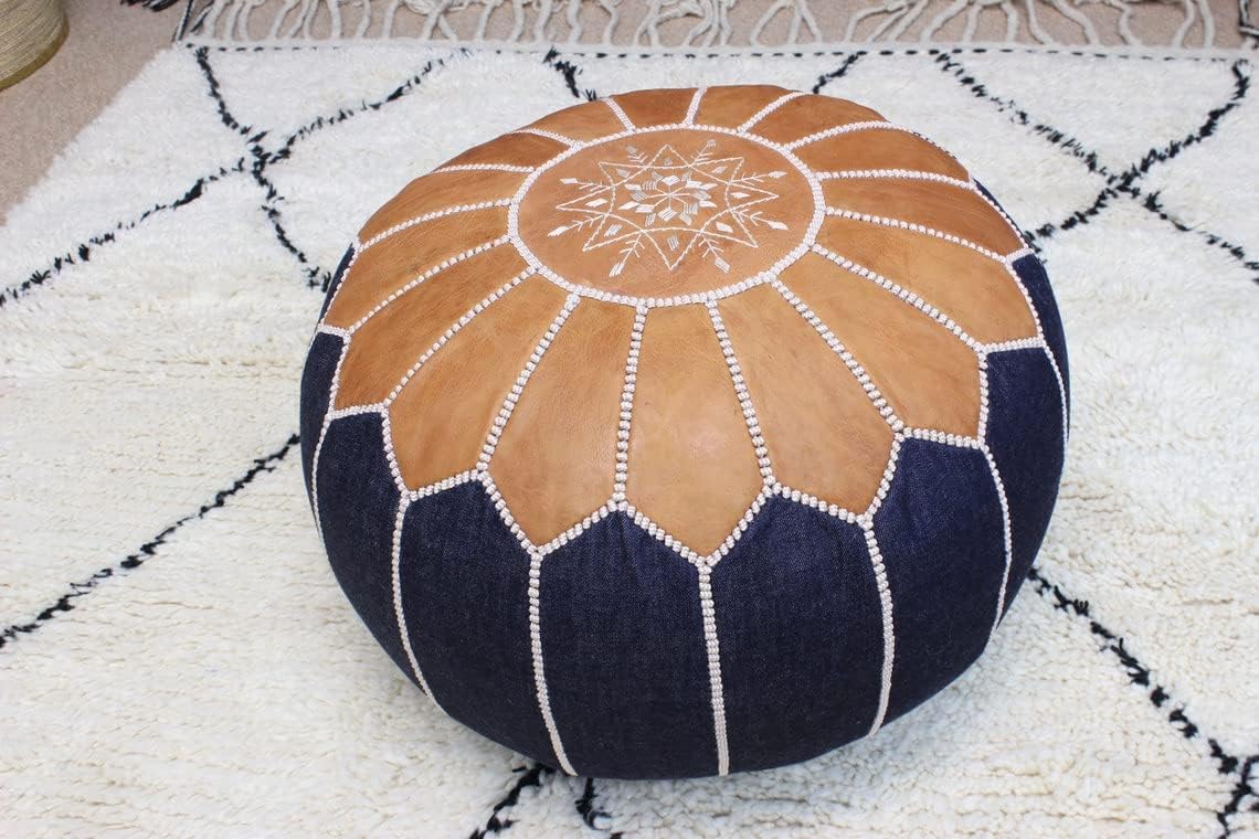 Round Moroccan Pouf Cover Genuine Leather Hand Stitched X693