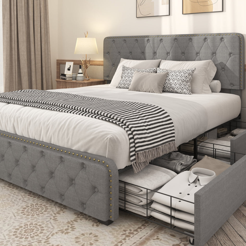 Queen Size Platform Bed Frame with 4 Storage Drawers and Upholstered Headboard, Dark Grey R795