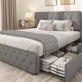Queen Size Platform Bed Frame with 4 Storage Drawers and Upholstered Headboard, Dark Grey R795