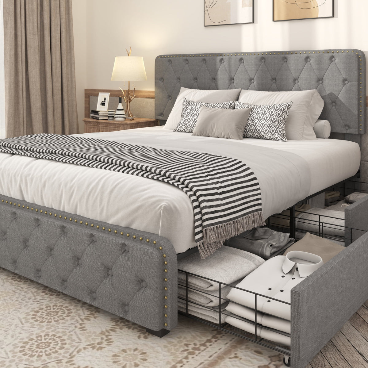 Queen Size Platform Bed Frame with 4 Storage Drawers and Upholstered Headboard, Dark Grey R795