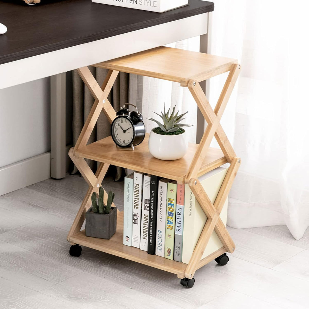Bamboo 3-Tier Rolling Printer Cart with Storage T2487