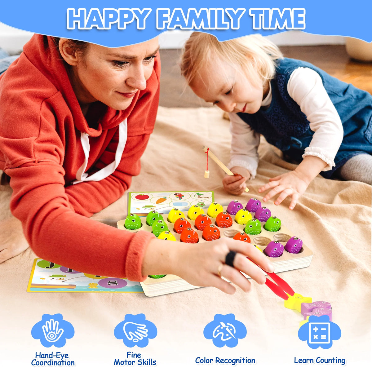 48 Pcs Wooden Magnetic Fishing Toy with 2 Rods 1 Tweezer 8 Activity Cards K458046