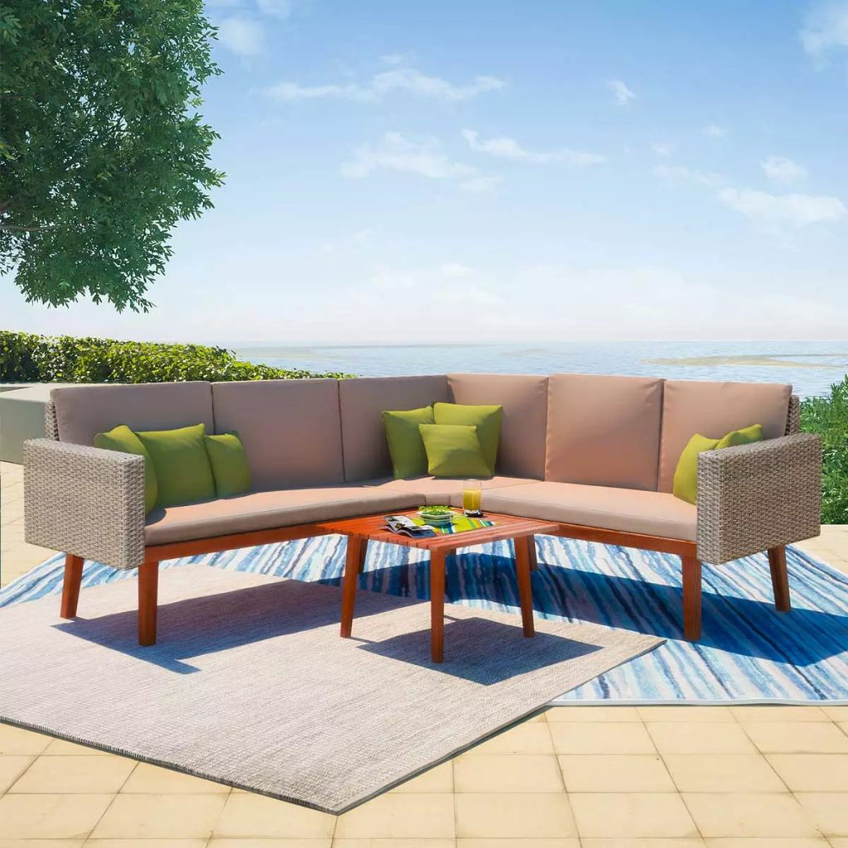 4 Piece Gray Poly Rattan Outdoor Sectional Sofa with Coffee Table and Cushions A523448