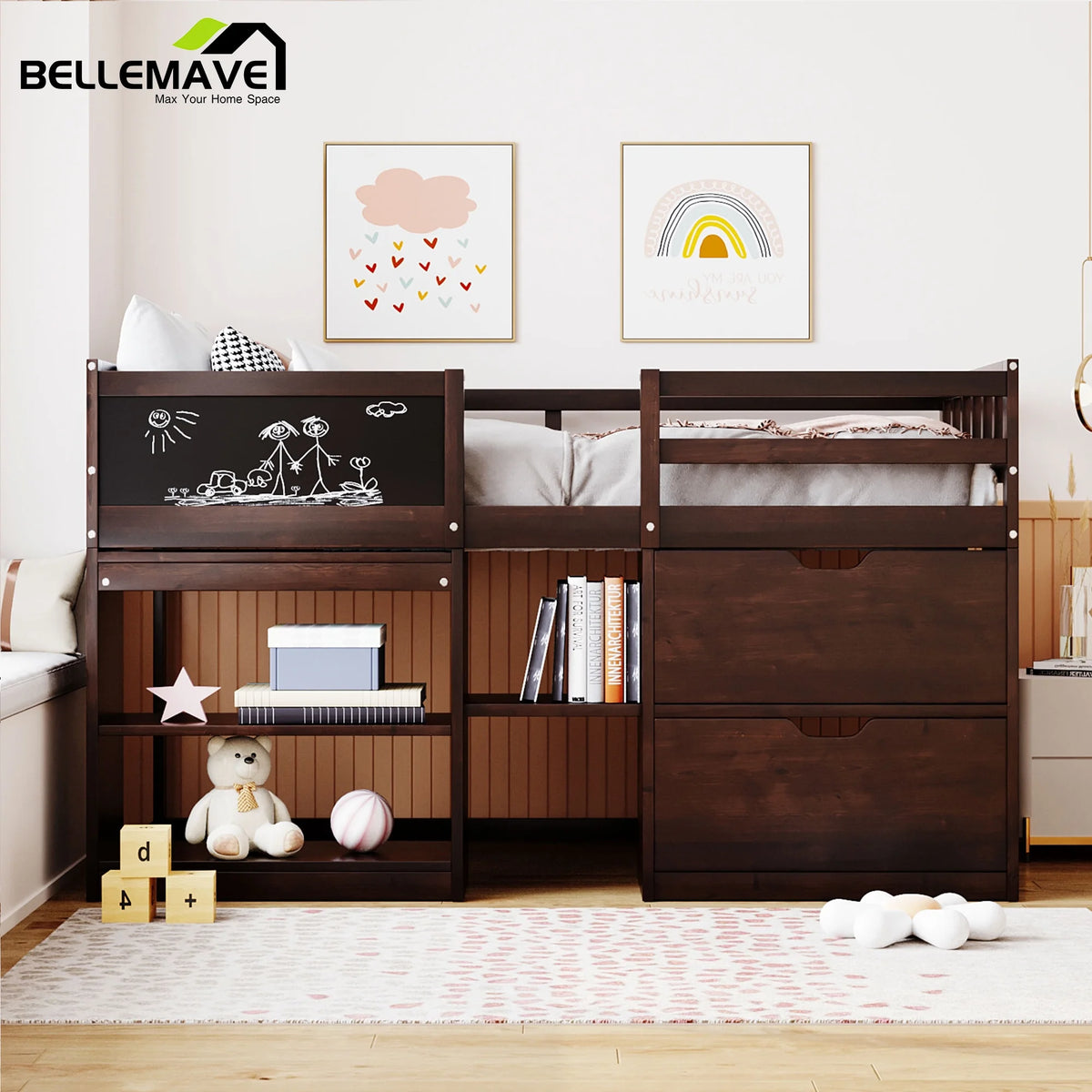 Twin Size Loft Bed with Rolling Desk, Storage Shelves and Chalkboard B3178
